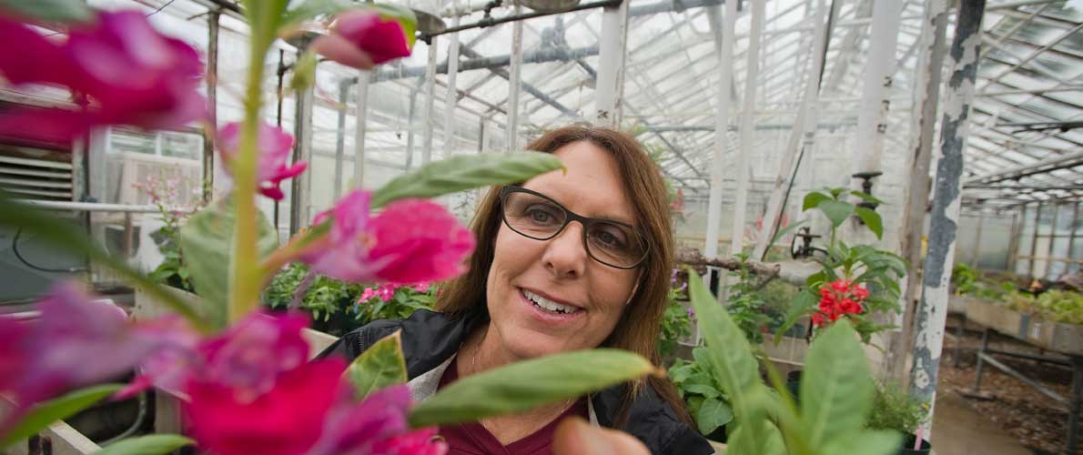 woman observing plants